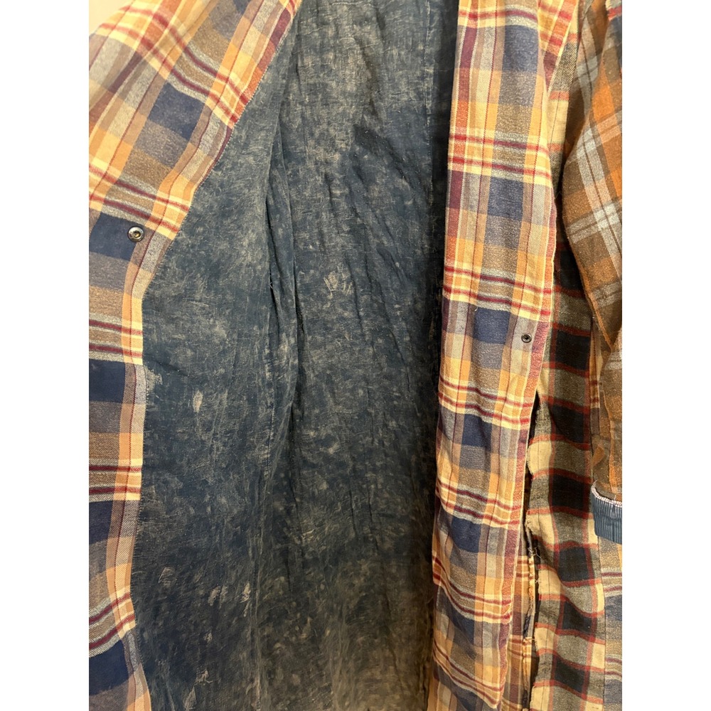 Oli & Hali Plaid Patchwork Distressed Long Trench Coat Duster Brown Blue M - Picture 5 of 7